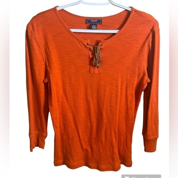 CHAPS Denim 100% Cotton 3/4 Sleeve Leather Lace Front Henley Tee Size Small - Picture 1 of 6